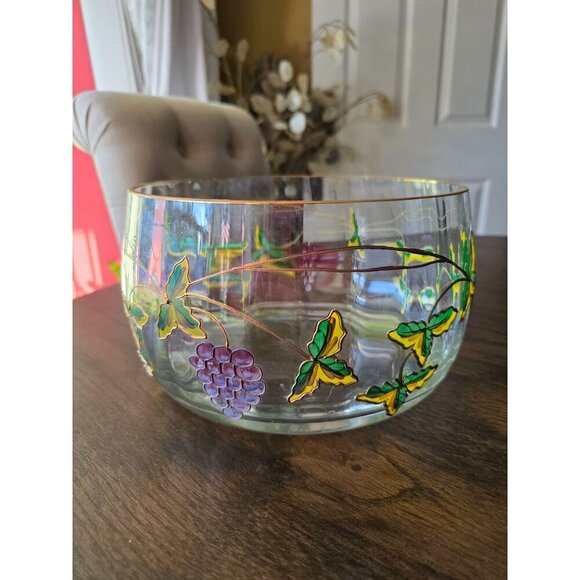 Hand-Painted Clear Glass Bowl With Grapes & Leaves Design - Picture 1 of 16